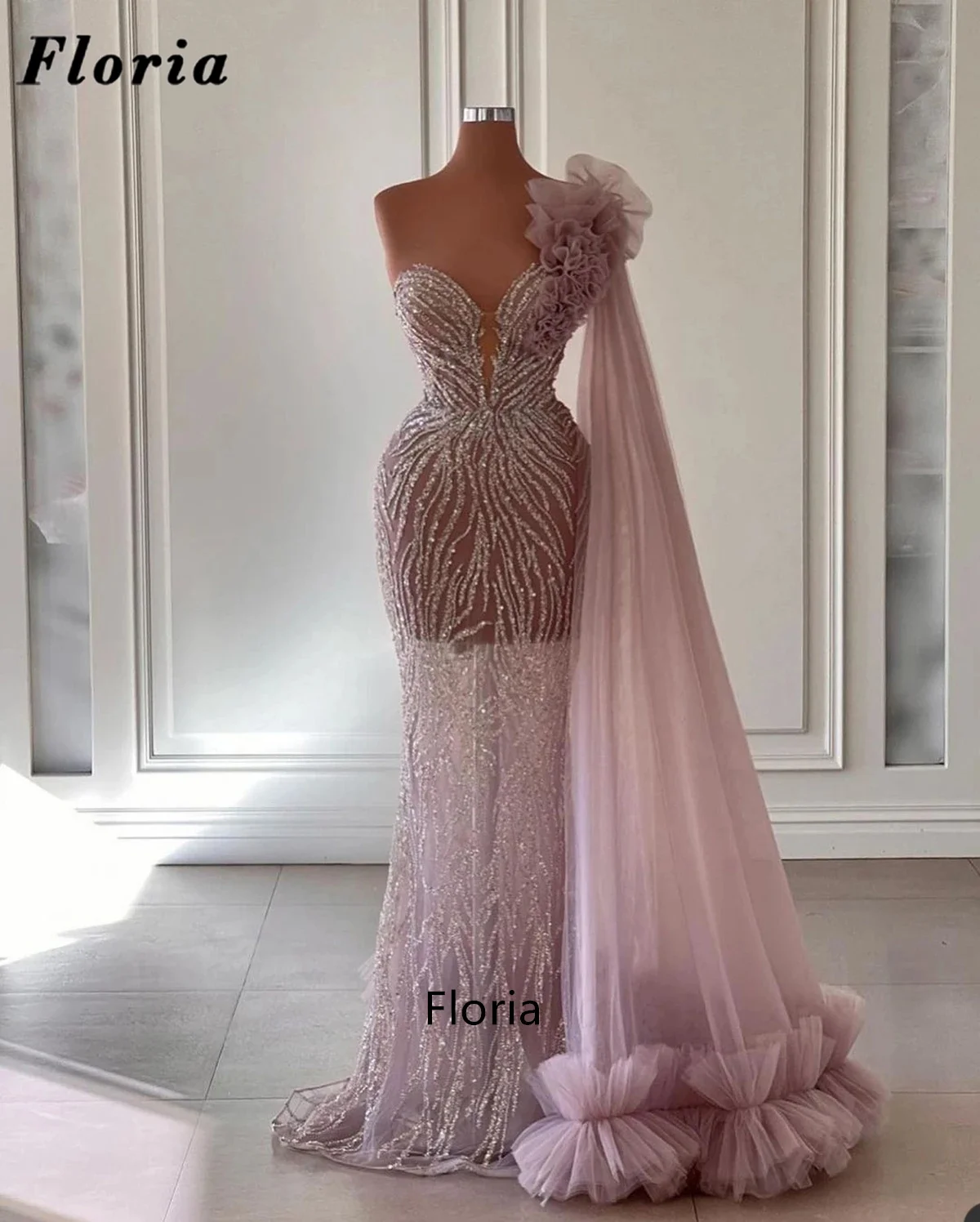 

Floria Sparkly Sequins Evening Dresses 2023 New Fashion Illusion One Shoulder Prom Celebrity Dress Flower Tulle Long Party Gowns