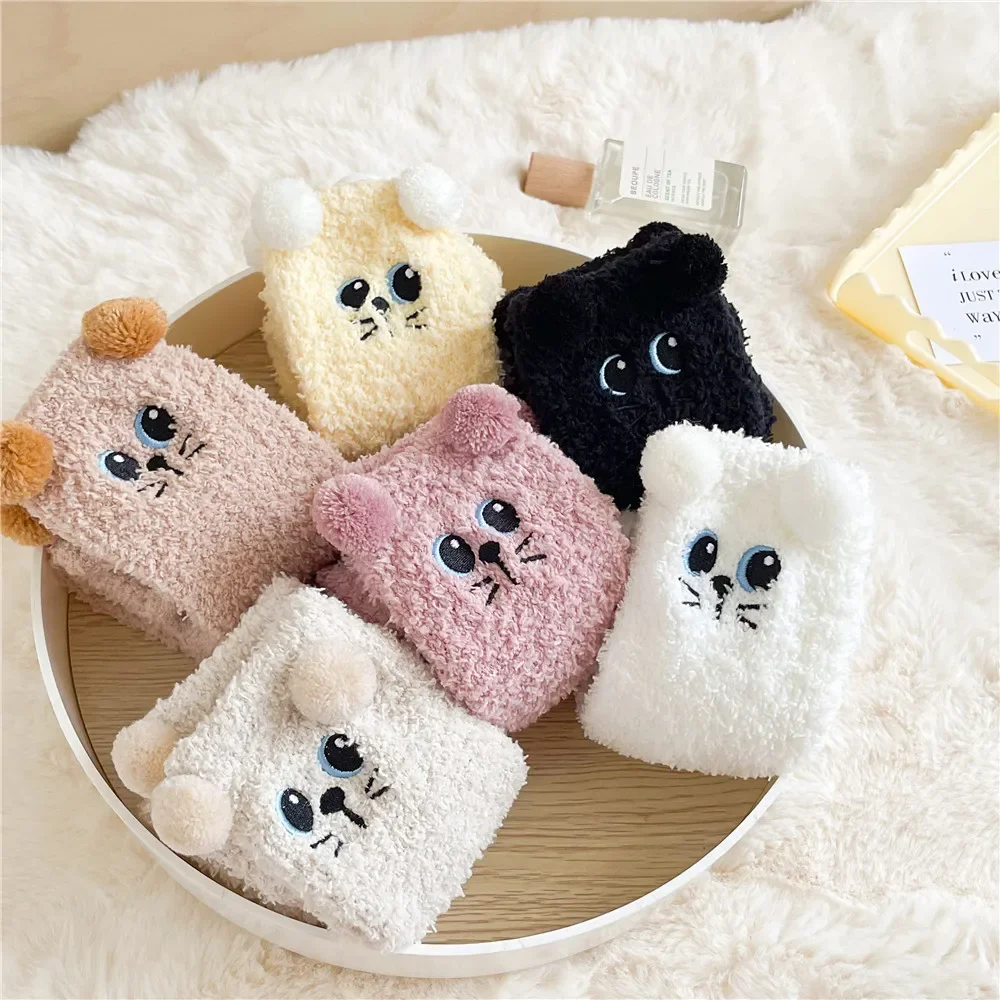 12pr No Lint Female Cat Ball Thickened Thermal Coral Fleece Sleep Home Mid-Calf plus Velvet Sleep Postpartum Room Socks