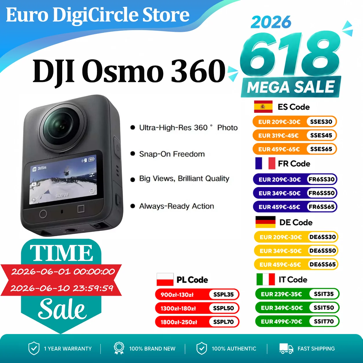 DJI Osmo 360 Camera, Caméra d'action étanche 8K 360°, imageur 360° 1 pouce, vidéo 360° native 8K, 105 Go, caméra d'action 360°
