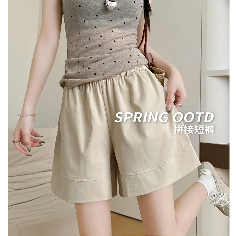 

Абрикосовые лоскутные шорты для женщин, которые можно носить на улице летом2025Новые свободные широкие брюки из ледяного шелка, повседневные утягивающие прямые пяти-