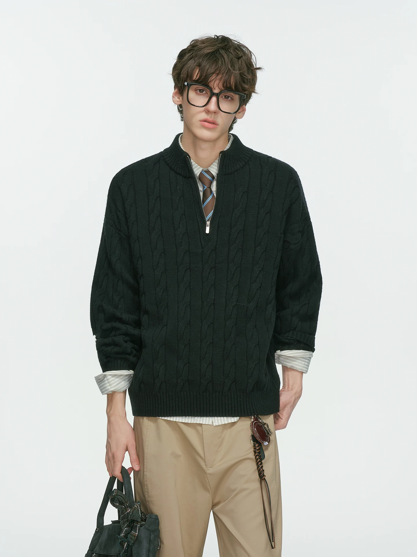 2025 Autumn Winter New Half-Zip Cable Knit Gray Black Sweater Men's Loose Casual Khaki Coffee Color Long Sleeve Knitwear