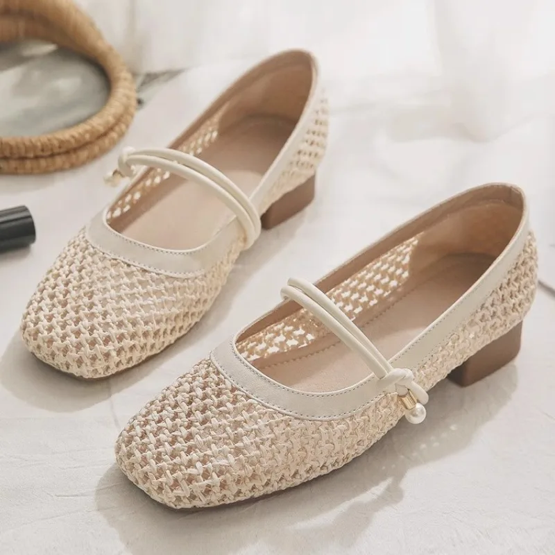 

Summer Hollow Women Shoes Fashion Mary Jane High Heels Square Toe Pumps Comfortable Breathable Slip-on Loafers Shallow Thin Shoe