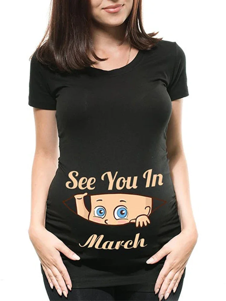 Pregnant Pregnancy Announcement Women's T-Shirt Female Pregnancy Clothes New Mom Clothes See You in January-December Funny Tops