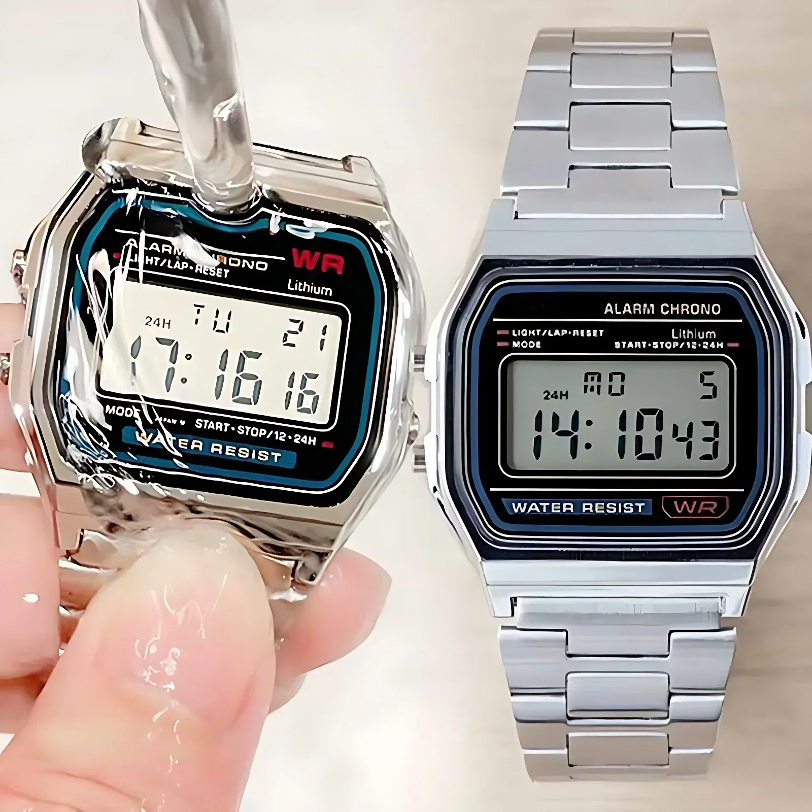 ساعة ريترو مربعة رقمية ذهبية وذهبية وردية عسكرية كرونوغراف منبه مقاومة للماء للرجال ساعة رياضية مضيئة LED