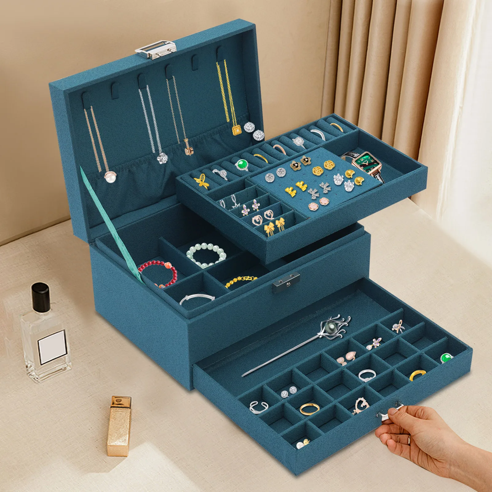 Scatola portaoggetti per gioielli di grande capacità a 3 strati, portagioie vintage, portagioie per riporre collane e orecchini ad anello, con serratura