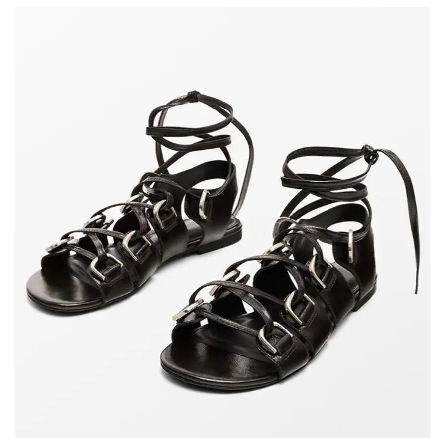 

2026 Leather Sandals Cut Out Rome Gladiator Flat Sandals Casual Lace Up Open Toe Summer Beach Booties Flats Streetwear For Women