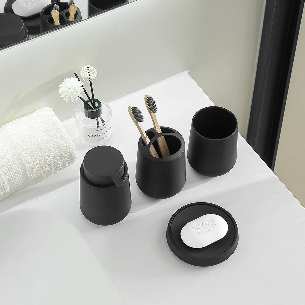 Bathroom Accessories 4pcs set Soap Dispenser Toothbrush Holder Cup Soap Dish Bathroom Decoration Storage Matte Black