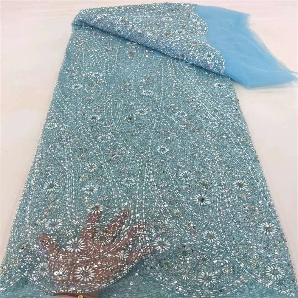 Nuovo tessuto di pizzo africano 2024 tessuto di pizzo a rete francese di alta qualità con perline paillettes tessuti di pizzo nigeriano per abito da sposa