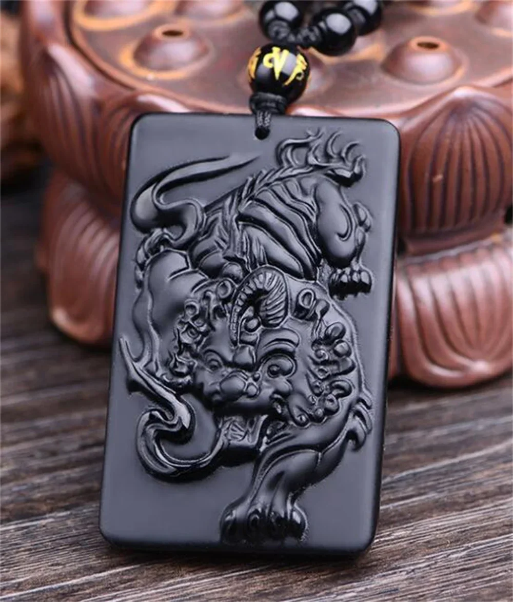 

Drop Shipping Handwork Natural Black Obsidian Carved Chinese Ancient Kylin PiXiu Tiger Lucky Pendant Beads Necklace Gift Jewelry