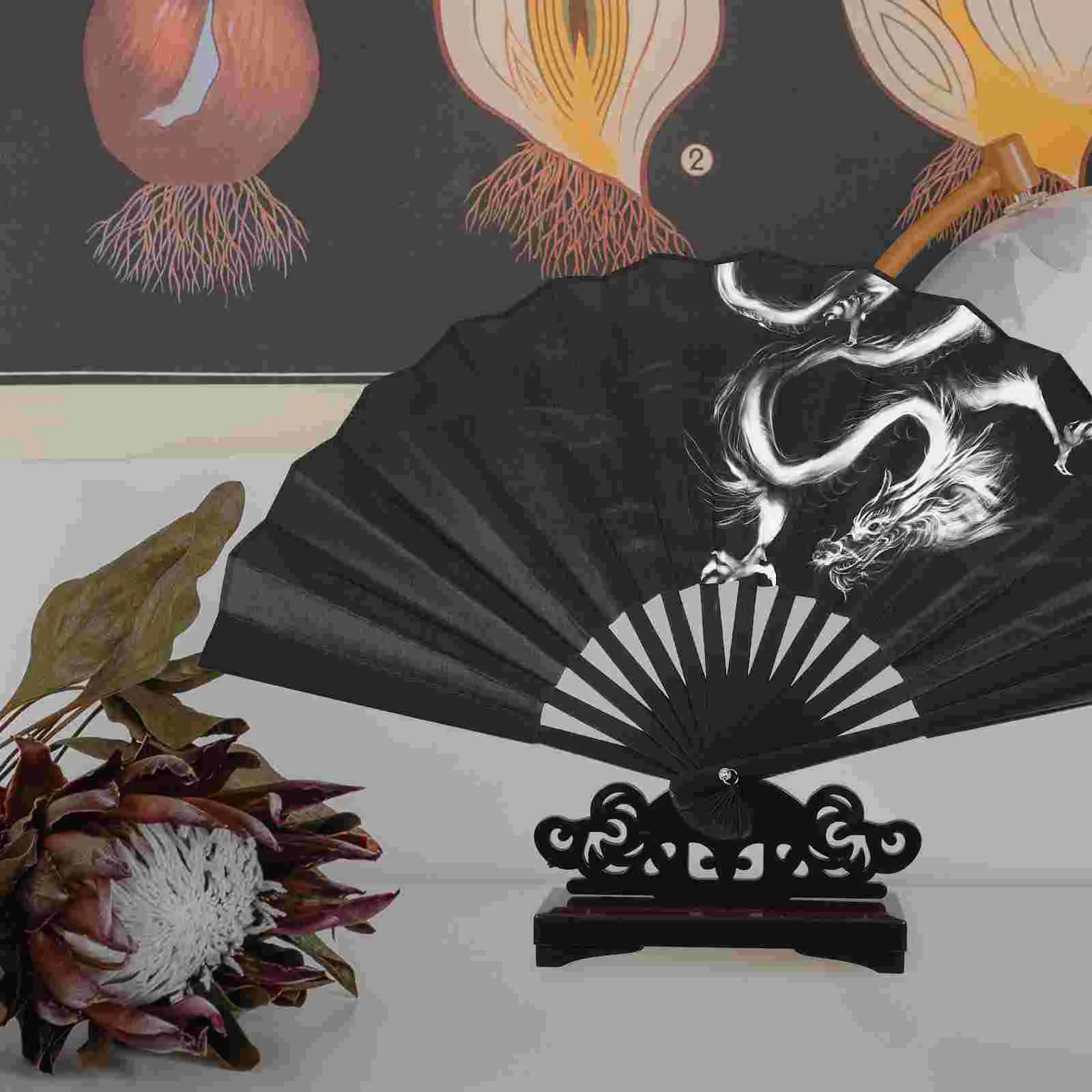 Oriental Style Fan Stand Display Manual Round Base Holder Folding Decorative Hand