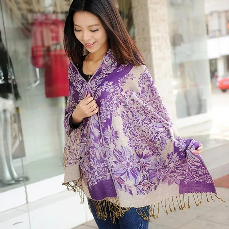 Fashion Shawl Thin Cashmere Paisley Border Pattern Pashmina Silk Scarf Stole Fringes Tassel For Rave Travel Party Women Gift