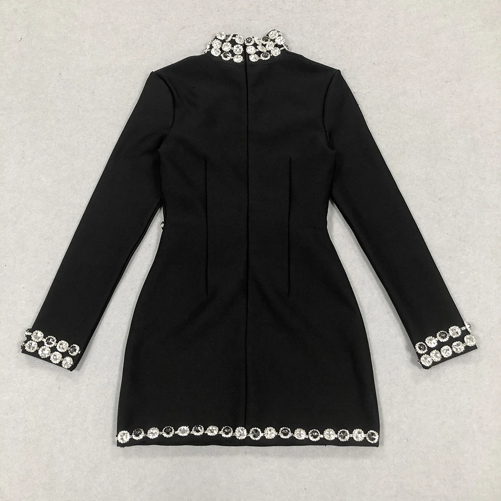 GORAFASHION Black Fashion Flower Decor Slim Fit Long Sleeves Slim Mini Dress 2024 Rayon Diamond Bandage Party Dress