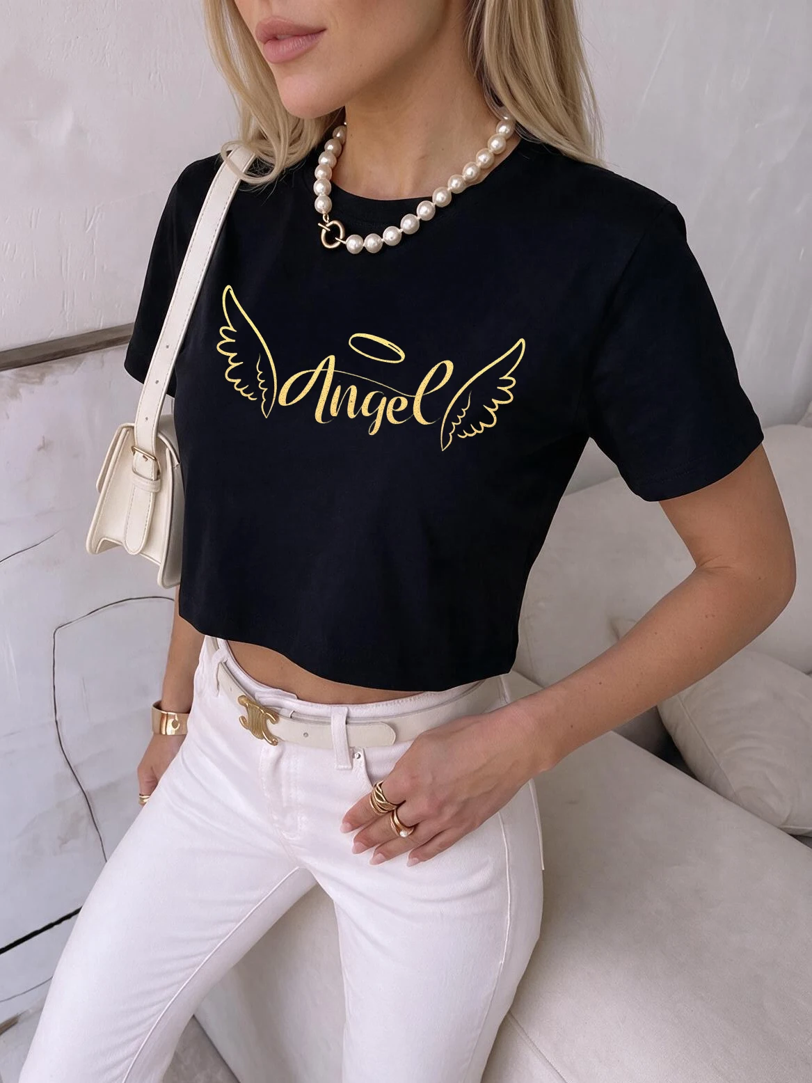 Women's Angel Wing and Script Print Short Sleeve Cropped T-Shirt Graphic Y2k Crop Tops Vintage T Shirt Clothes Outfit Female 90s