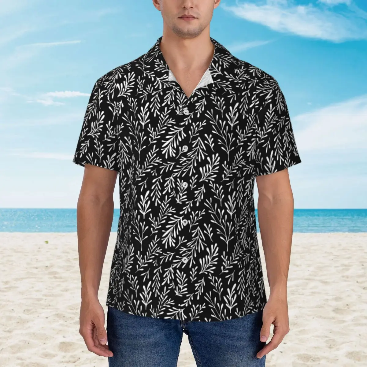 Camisa havaiana de folha branca masculina, estampa planta praia, camisas casuais, mangas curtas, estampa Harajuku, blusas extragrandes na moda