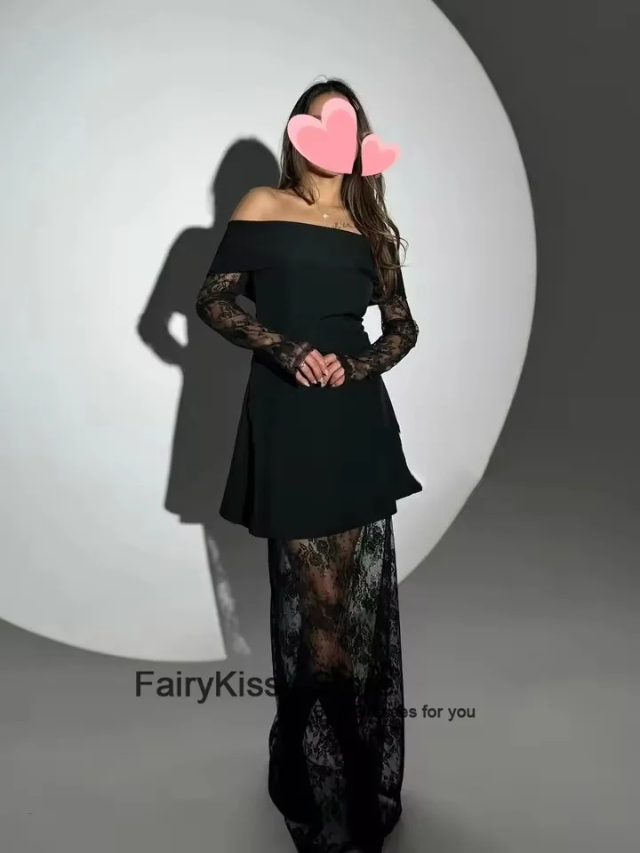 FairyKissy Vintage Sexy Ballkleider mit schwarzer Spitze und U-Boot-Ausschnitt, modisch, maßgeschneidert, für formelle Anlässe, Abendparty-Kleider