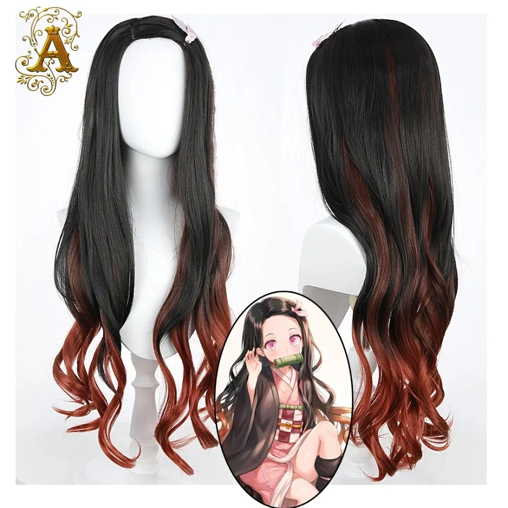 Black Dark Red Gradient Color Curly Long Hair Nezuko Anime Cosplay Wig 30inch Button Net Chemical Fiber Filament Whole Wig