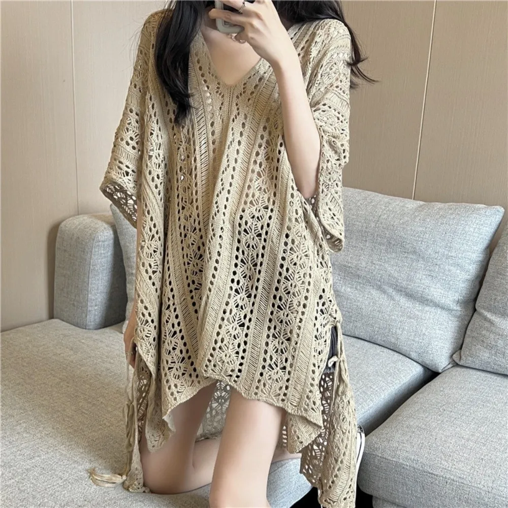 Oversized oco para fora maiô cobrir crochê camisola com decote em v de malha biquíni cobrir malha manga longa beach wear férias