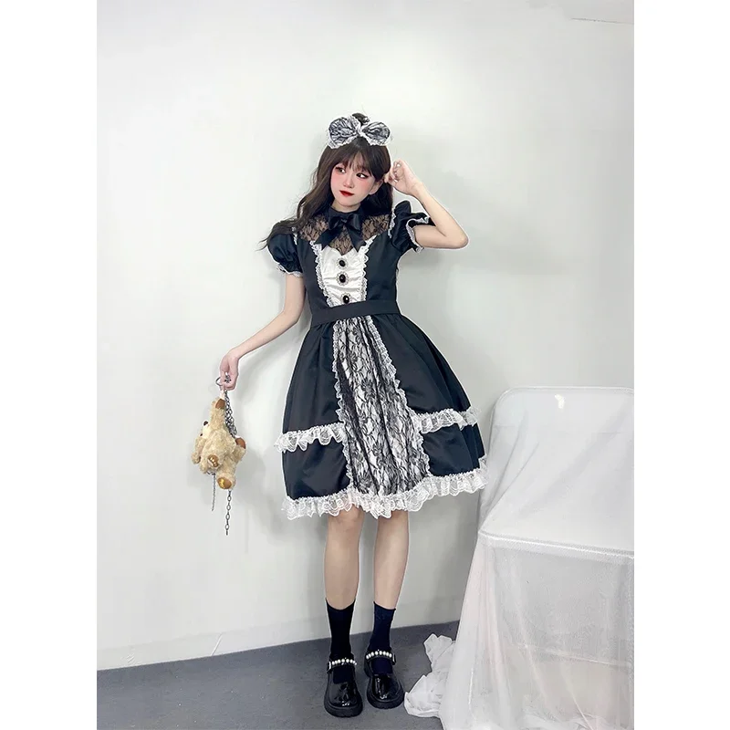 Robe Lolita Cosplay rétro pour femme, tenue de femme de chambre noire et blanche, manches bouffantes en maille, vêtements gothiques médiévaux, vêtements de fête sexy et mignons