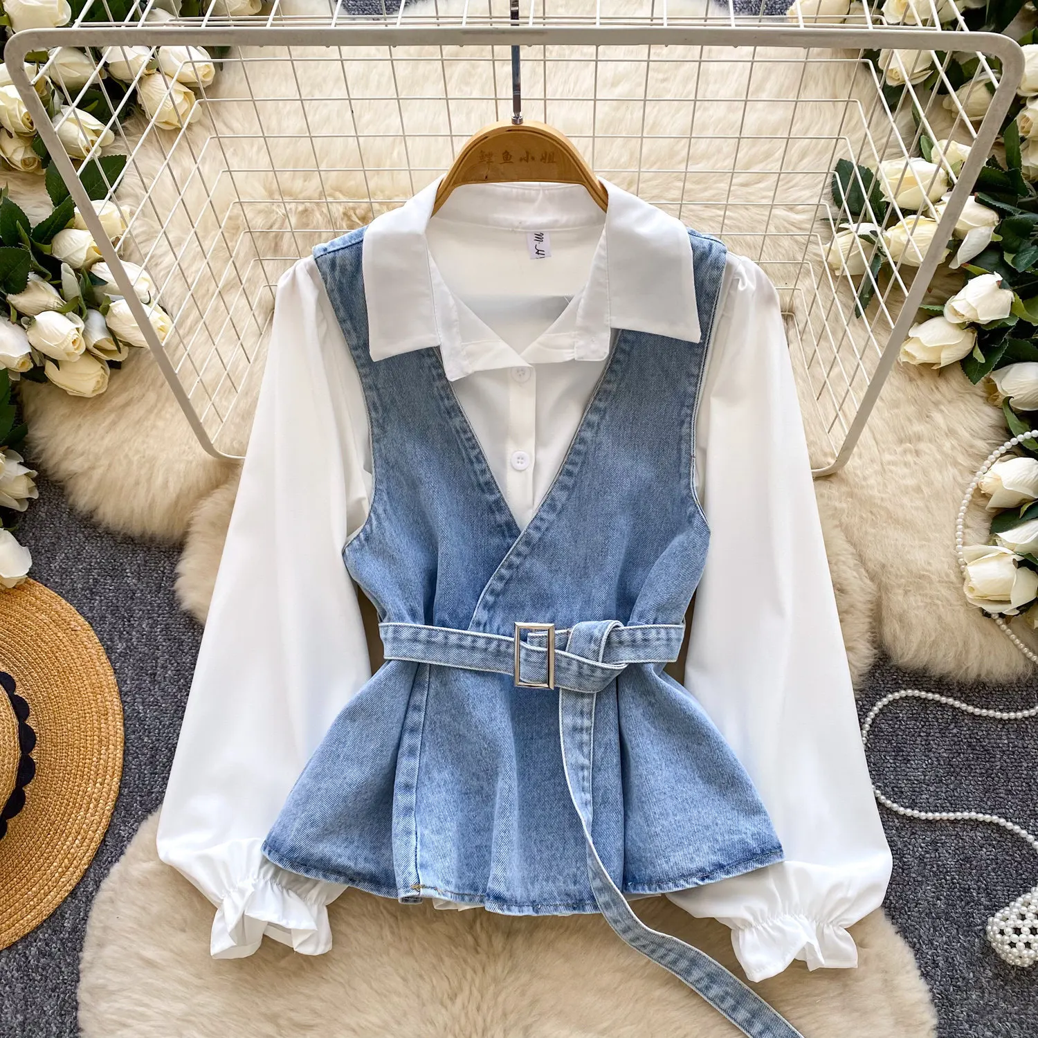 

Blouses Women Denim Vest 2 Piece Sets Vintage Turn Down Collar Full Sleeve Shirt Y2k Streetwear Elegant Shirts Tight Waist 2026