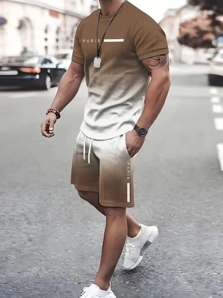Summer minimalist letter printed men's short sleeved suit round neck short sleeved top and shorts Harajuku street fashion men's