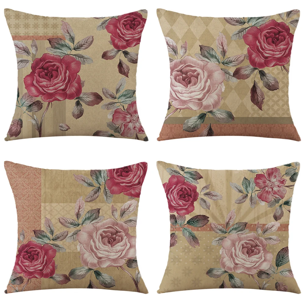 

Retro Flowers Printed Pillow Cover Rose Pillowcase 45x45cm Square Linen Pillows Cushion Cover Double-Sided Print Cushion Case