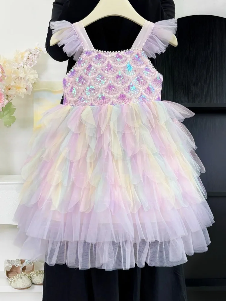 Vestido de Verão Estilo Princesa para Meninas, Vestido Fashion para Aniversário, Tecido de Algodão e Poliéster, Manga Curta, ...