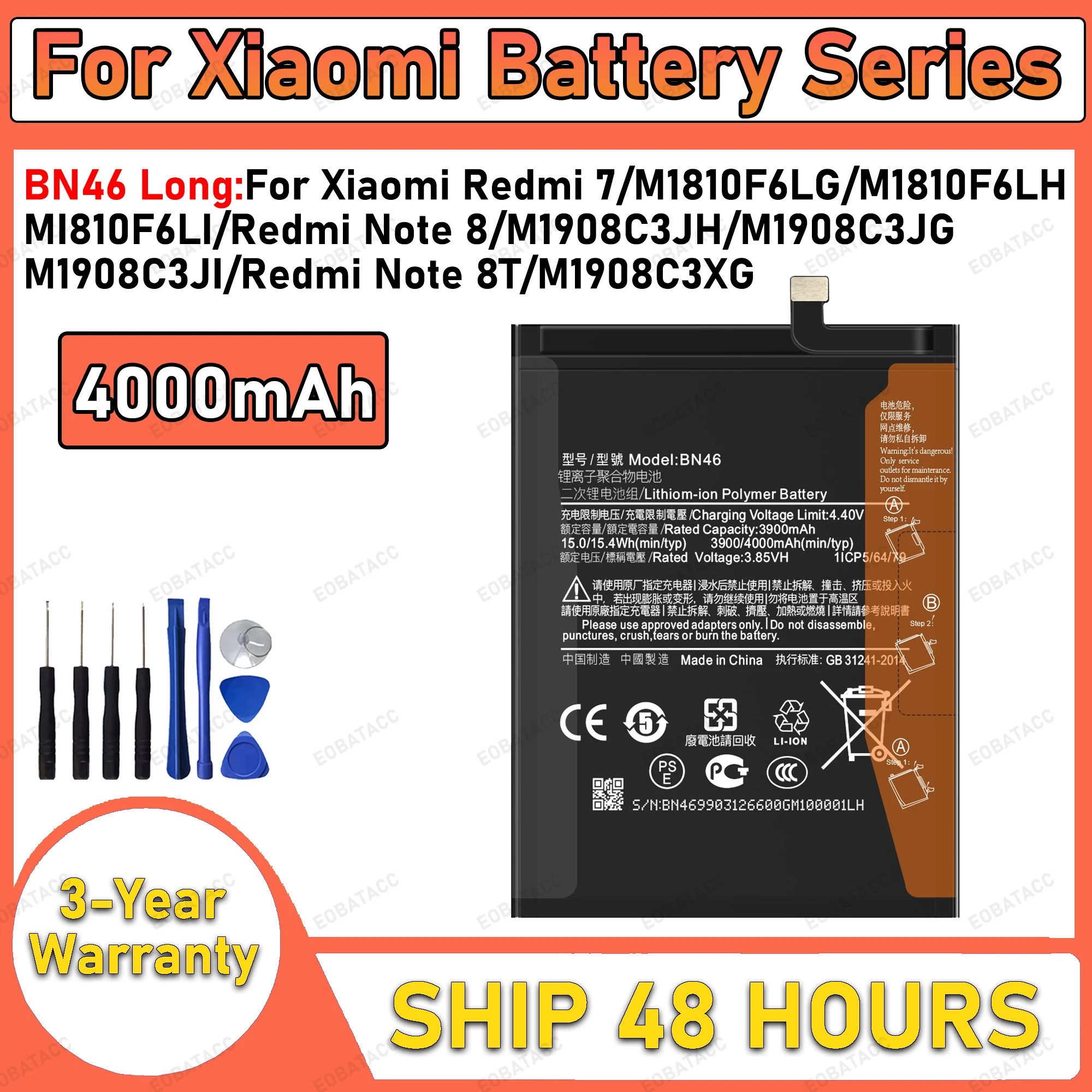 4000mAh 100% New BN46 Battery For Xiaomi Redmi 7/Redmi Note 8/note 8T Replacement Bateria+Free Tools