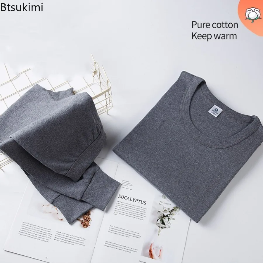 New Men's Pure Cotton Thermal Underwear Sets Soft Comfortable Autumn Winter Underwears 2-pieces Round/Mid Collar Tops Long Johns