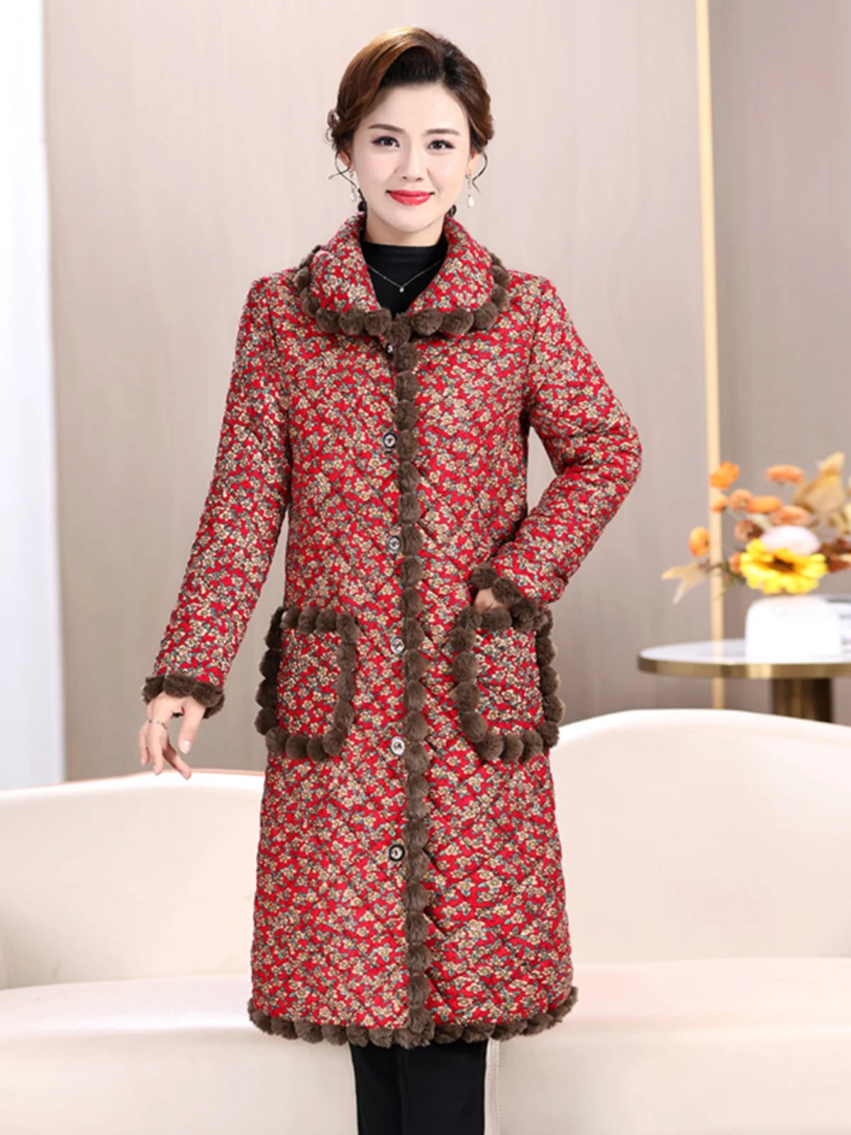 Thickened Long Cotton Jacket for Women Winter New Style Fashionable Warm Fleece Lined Mommy Clothes Middle Aged And Elderly W...