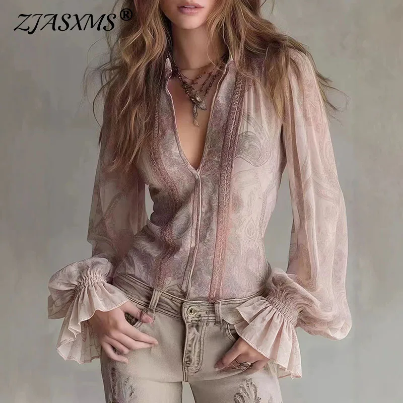 Retro Printed Sheer Blouses Women V Neck Lantern Long Sleeve Ruffled Elastic Cuff Lace Spliced Slim Fit Top Autumn Casual Shirts