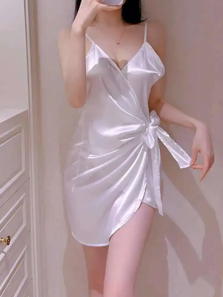 White Bow Mini Tank Dress Sweet Fashion Korean Women V Neck 2026 New Lingerie Uniform Ice Silk Robe Dress Elegant casual LOQ4