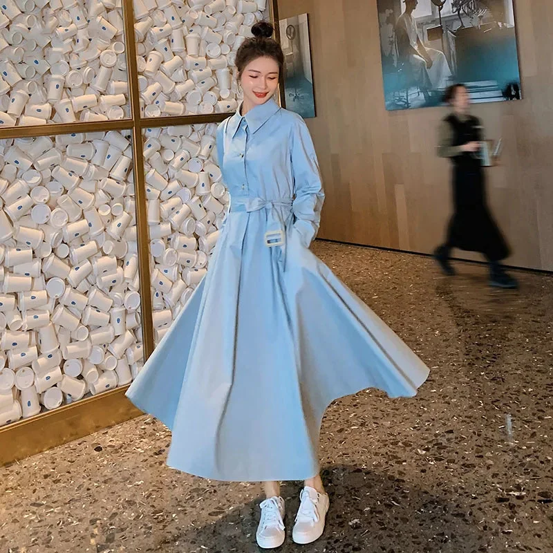 Mulheres cor combinando vestido 2025 outono manga longa camisa elegante primavera longo a linha vestido casual estilo de rua vestidos mujer 123