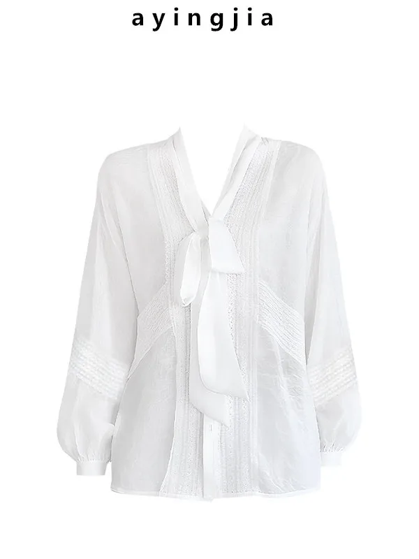 

Белое кружевное женское шифоновое платье макси для ранней осени, новое, во французском стиле, прямого кроя, с V-образным вырезом и узлом, дышащее