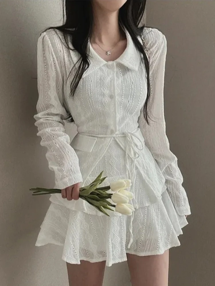 Faionable conjunto de duas peças feminino high-end sensação irt + saia bolo conjunto longo sve botão-up coleção primavera