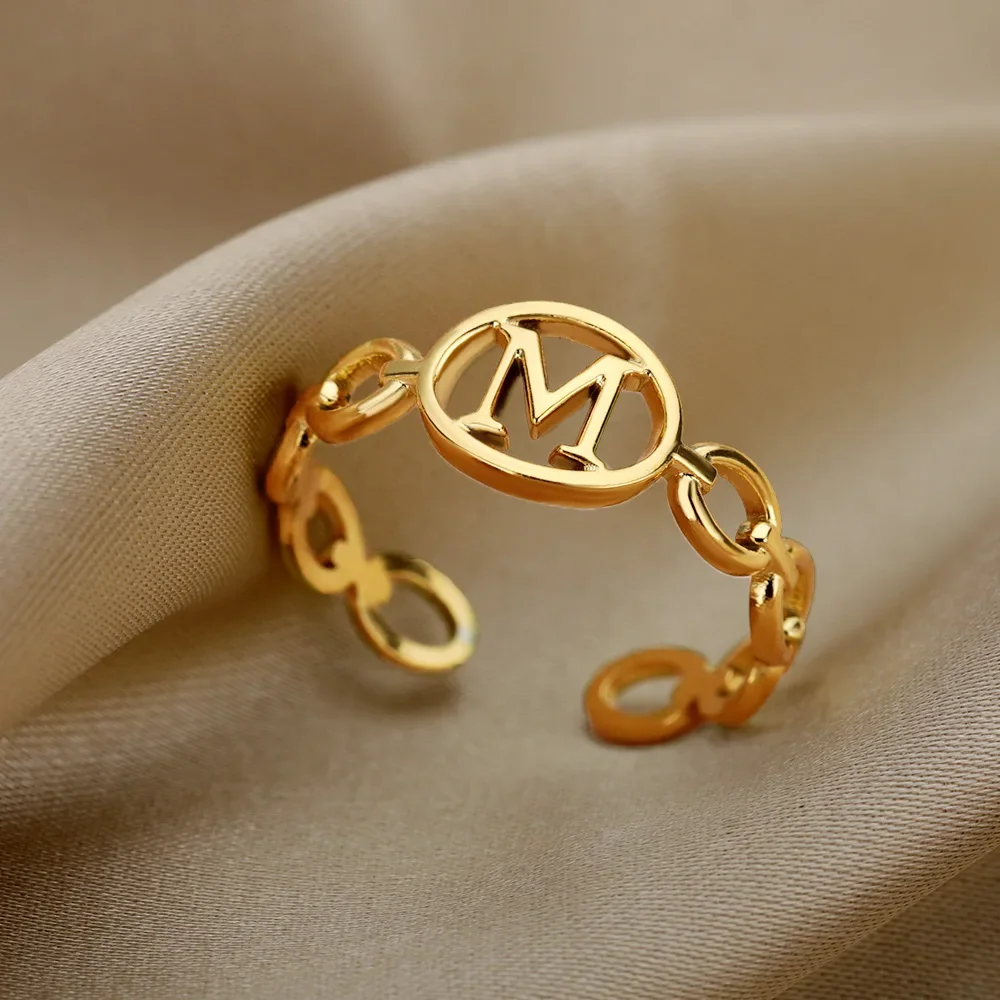 Stainless Steel Hollow Initial Rings For Women Gold Color A-Z Letter Open Adjustable Ring Female Aesthetic Wedding Jewelry Gift