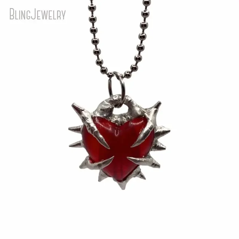 Arcane Y2k Jewelry Vampire Gothic Accessories Spiky Metal Red Crystal Thorn Heart Pendant Stainless Steel Ball Chain Necklace