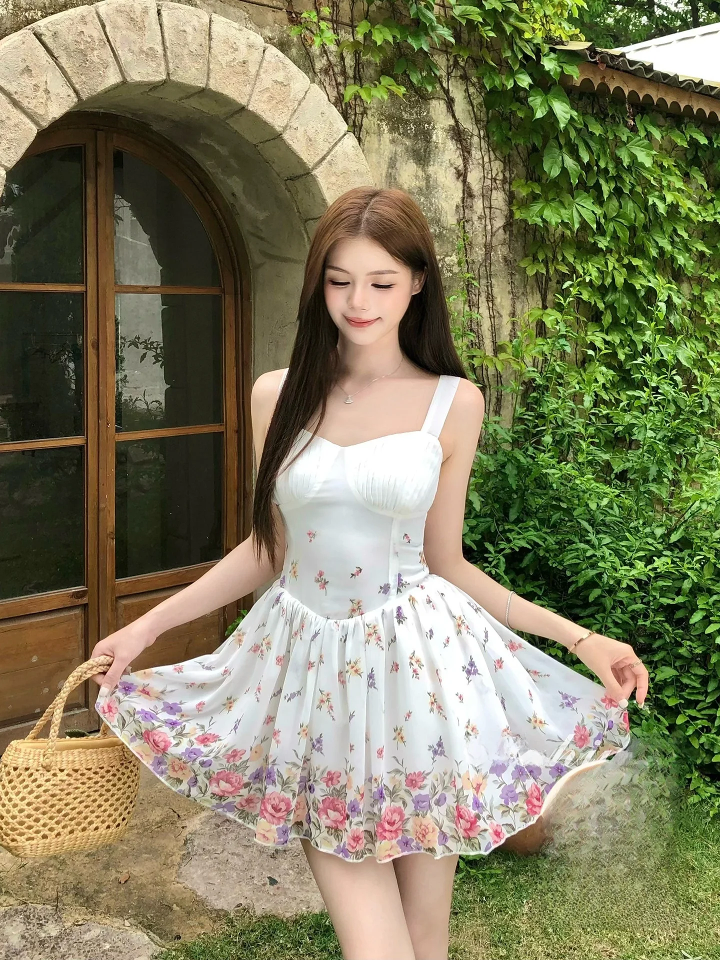 

Sweet Elegant Floral Print A-Line Dress Waist-Cinched Summer Freshness WAHJU Blooming Era City Walk Ins Style Polyester ...