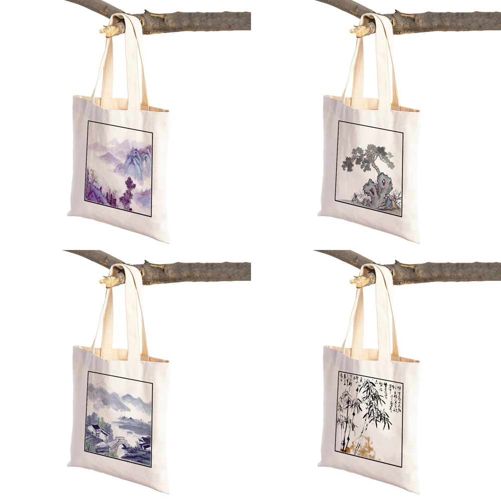 Ladies Supermarket Shopper Bag Chinese Ink Bamboo Shopping Bag Woman Shopper Folding Canvas Tote Travel Bags Designer Handbags