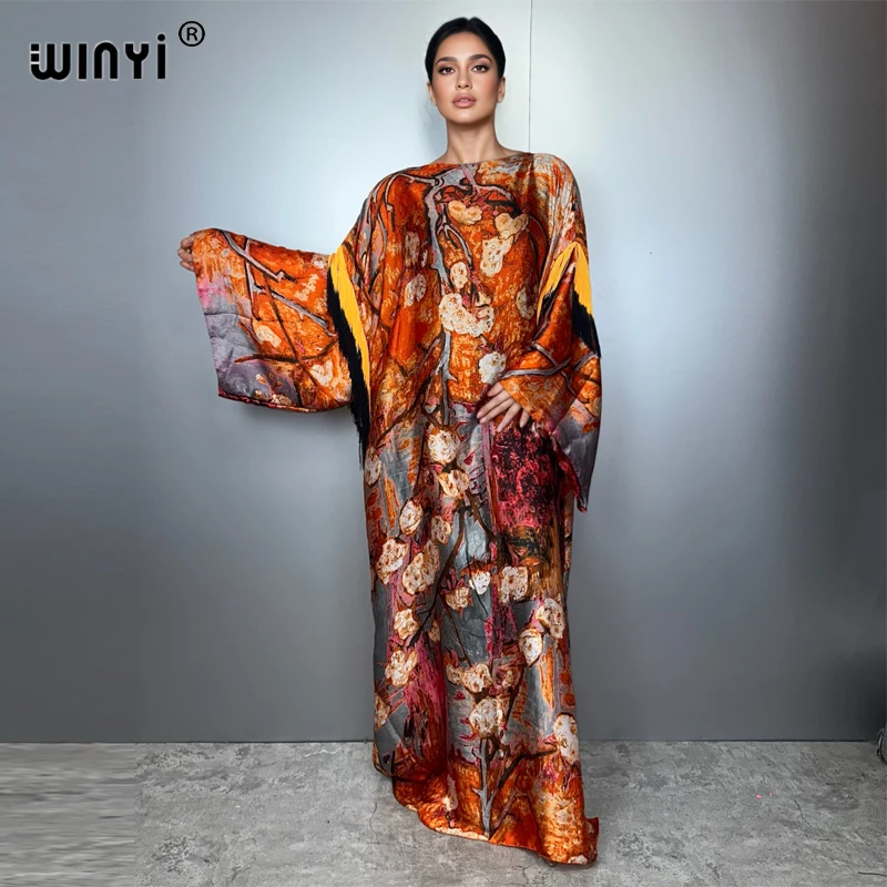 WINYI Gradual tassel dress abaya muslim woman boho robe Maxi Long Femme Vestidos holiday Elegant abaya dubai luxury kkaftan