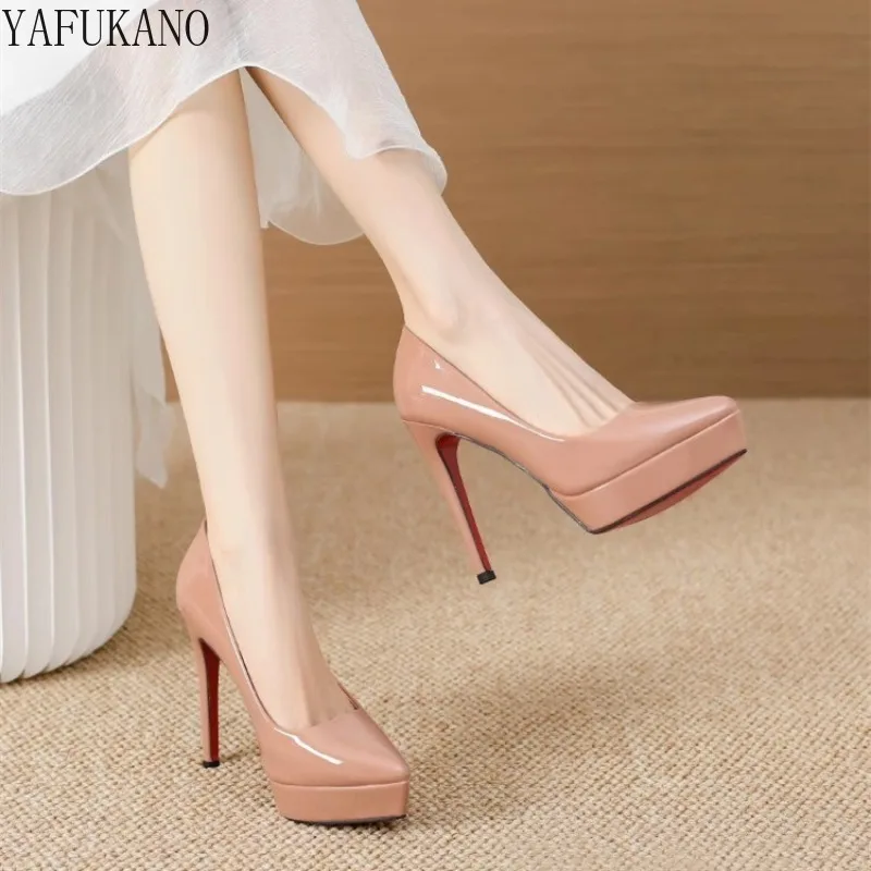 Nude Patent Leather High Heels 2024 Pointed Toe Waterproof Platform Thin Heel Shoes12CM Girl Party Prom Pumps Small Size 32 33