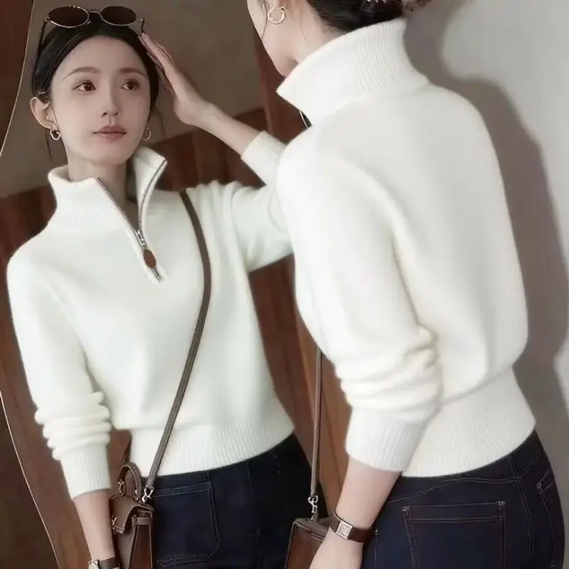 Korean Style Half Zip Knitted Sweater Women's Winter Base Layer Shirt Stand Collar Top Fashionable Casual Comfortable