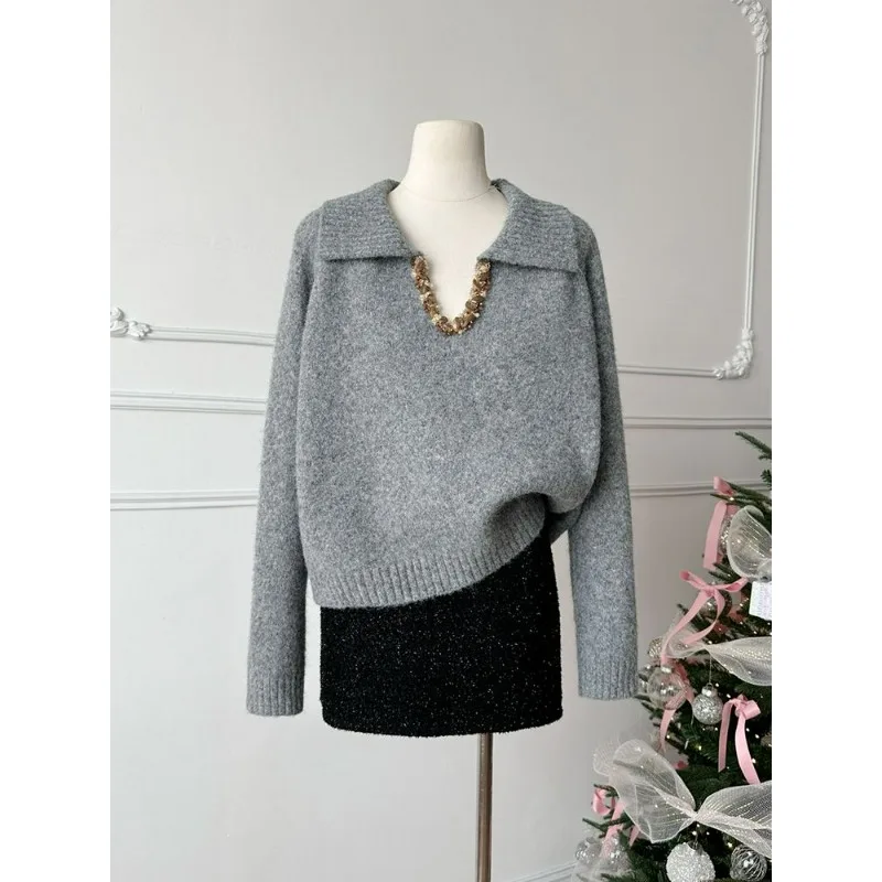 Korean Style Versatile Commuter Temperament Long-sleeved Knitted Sweater Pullover Women's Early Spring Lapel V-neck Loose Top