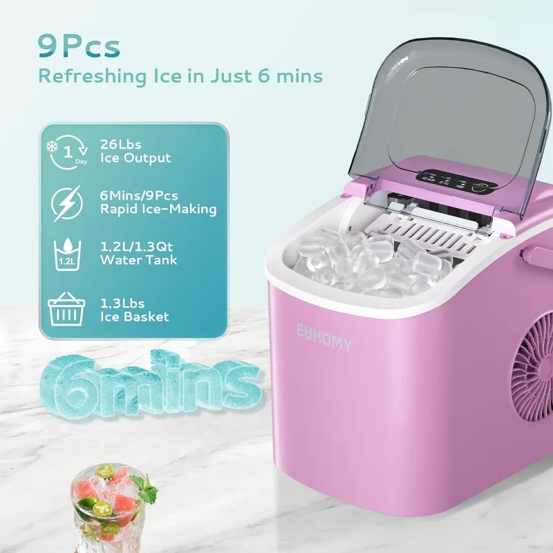 EUHOMY Countertop Ice Maker Machine with Handle, 26lbs in 24Hrs,  Auto-Cleaning Portable Maker with Basket and Scoop,