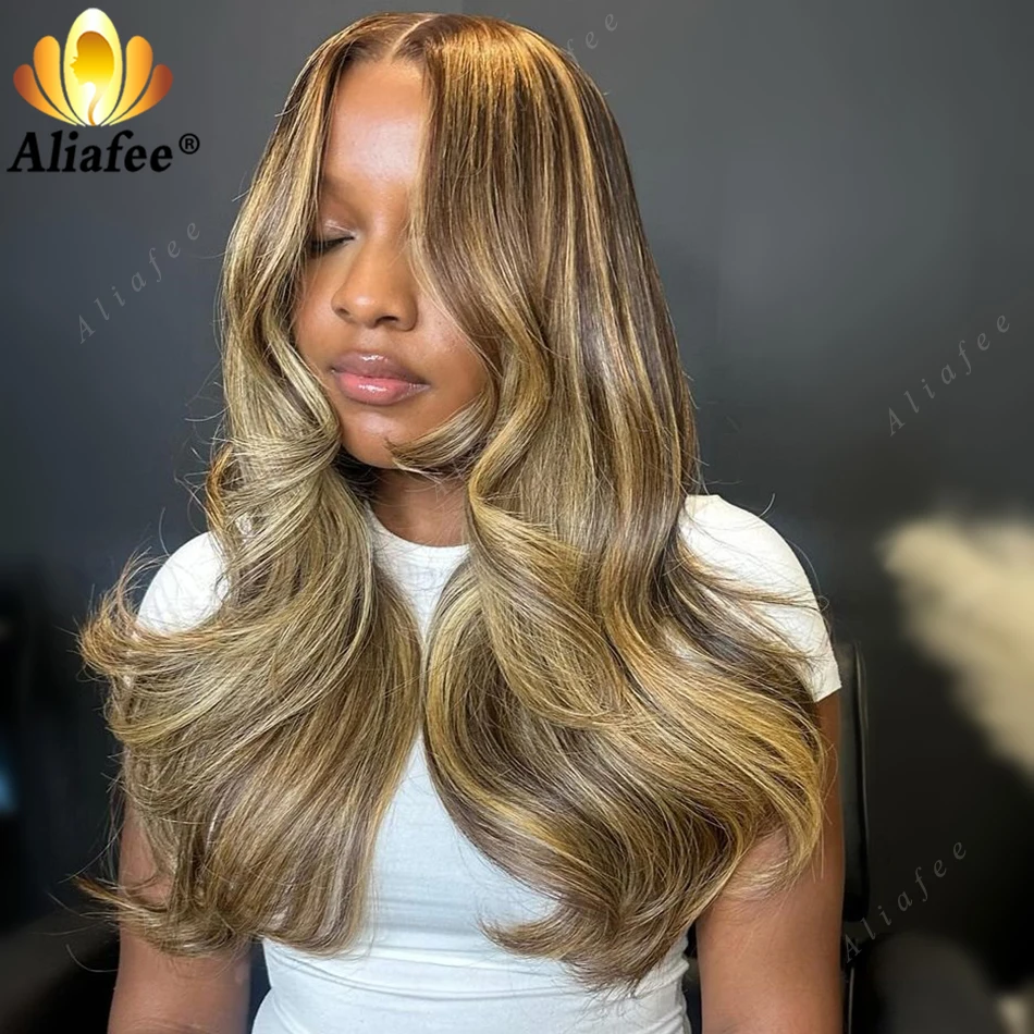 Brown With Blonde Highlight Body Wave Human Hair 13X6 Lace Frontal Wig Highlight Blonde Color 5X7 Lace Closure Wig for Women