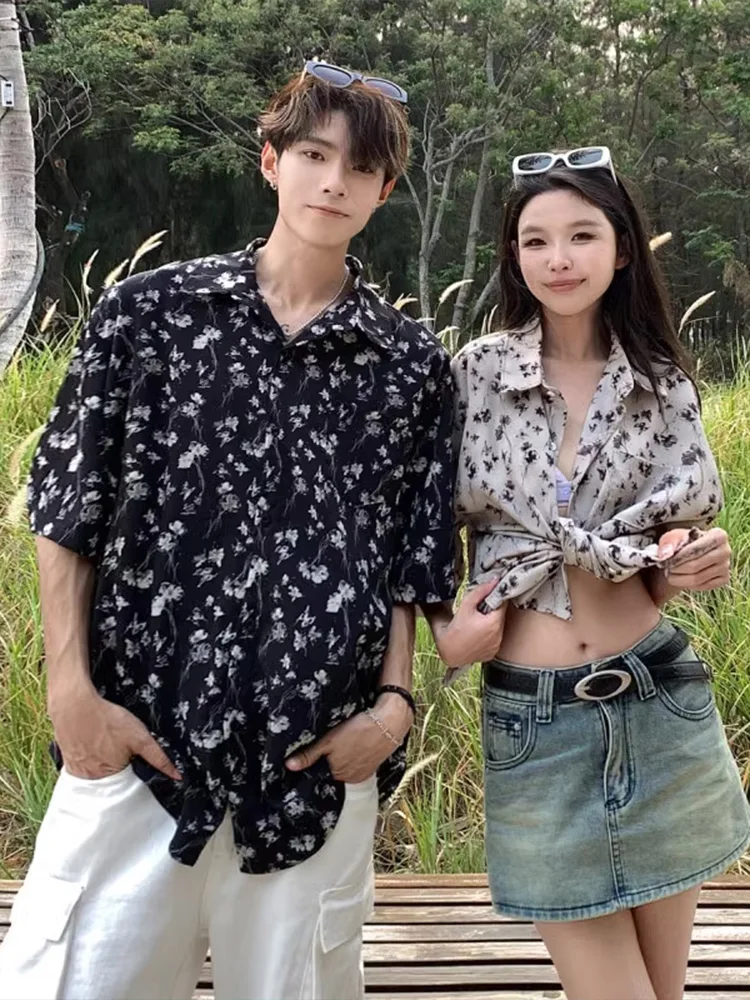 

Модная рубашка с цветочным принтом, мужская повседневная летняя стильная одежда для пар, универсальная рубашка с рукавом 7/8 Haome