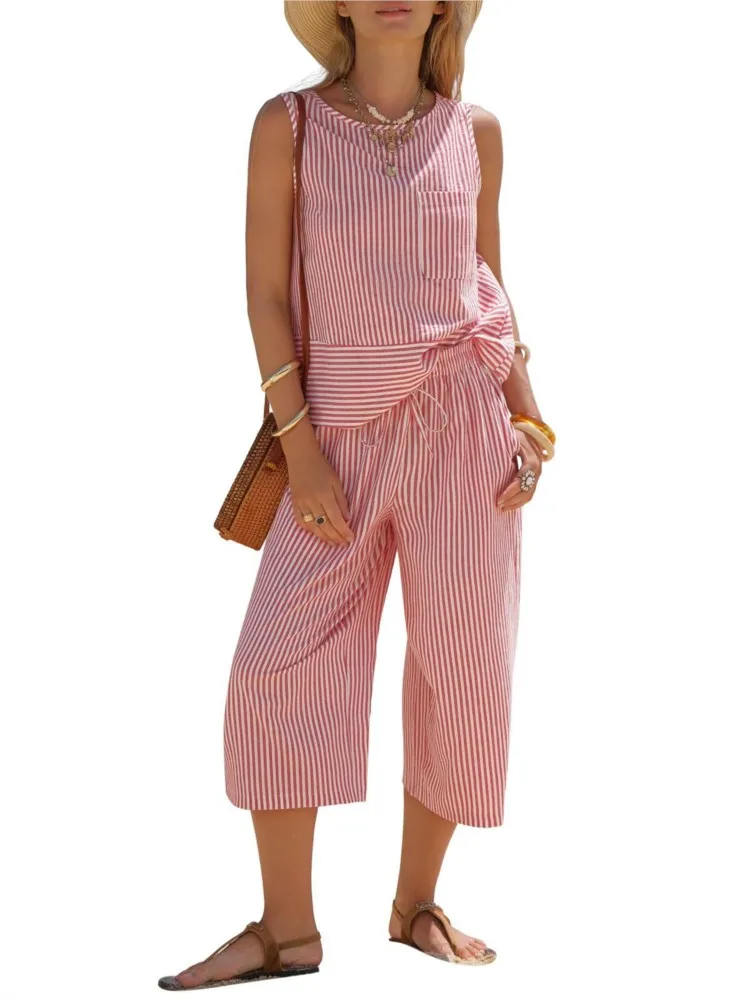 

Sleeveless Striped Vest Drawstring Wide Leg Cropped Pants Set Female 2026 Casual Summer New Beach Wear Women's Two-piece Set