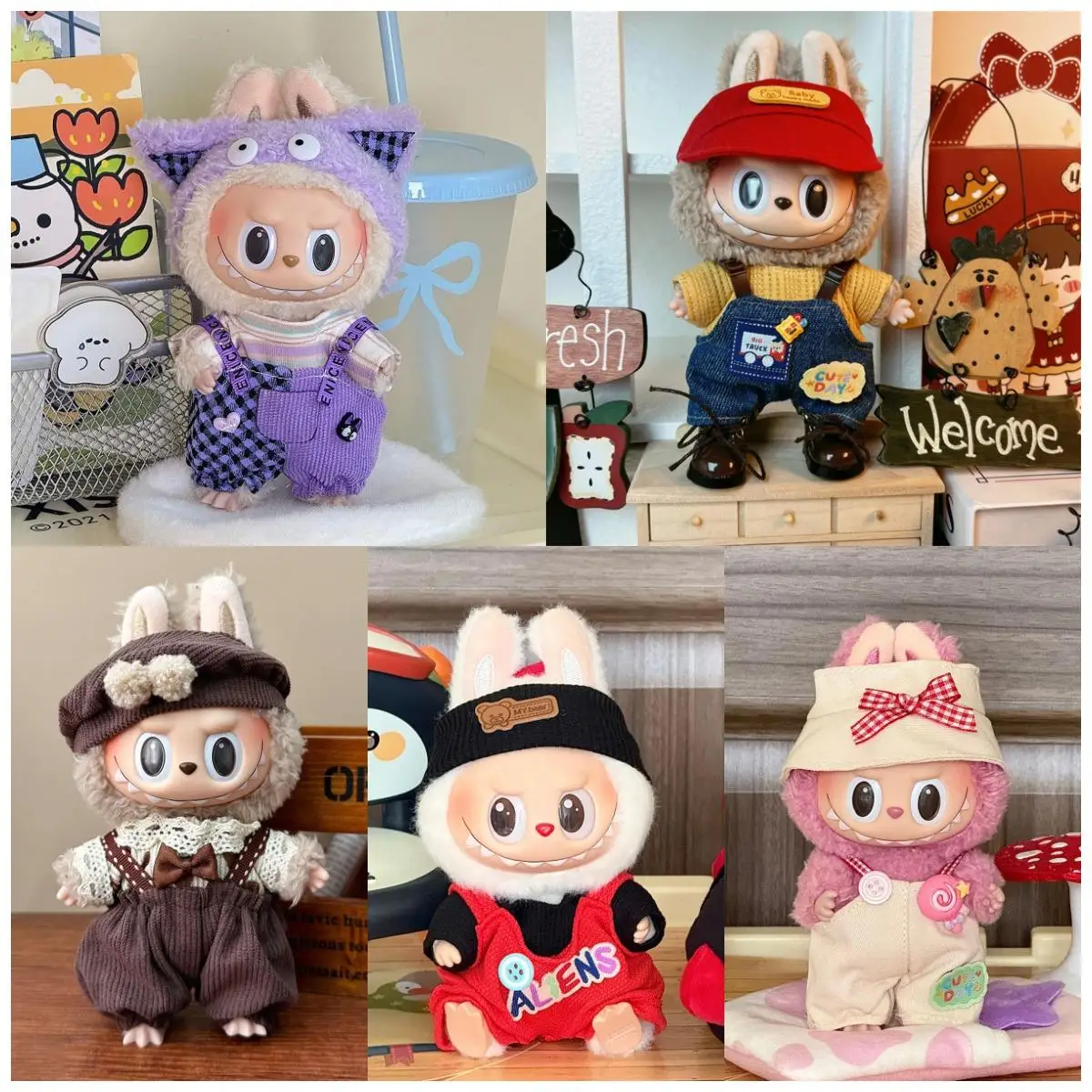 Cute Mini Plush Doll'S Clothes Outfit Accessories For 17cm Labubu Idol Overalls set Clothing Gift ﻿