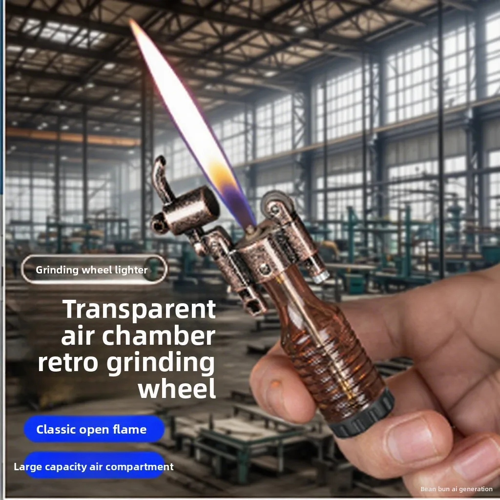 New Retro Grinding Wheel Inflatable Lighter Keychain Personalized Wine Bottle Visible Window Portable Lighter Men's Gift