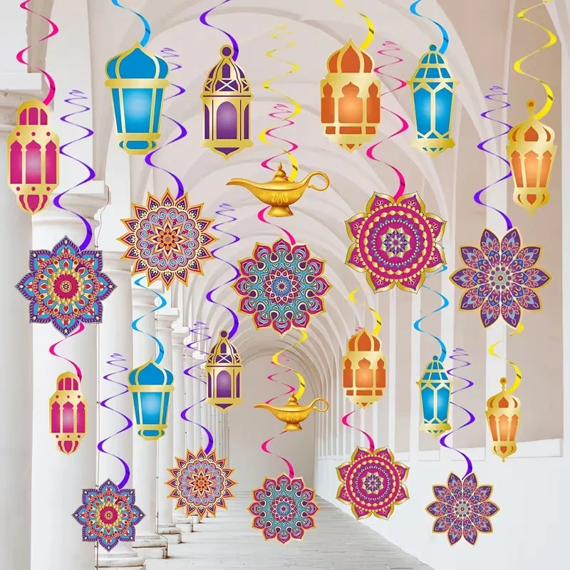 

12pcs Islamic Ramadan Hanging Swirls Eid Mubarak Lantern Petals Paper Garland Muslim Party Eid Ul-Adha Home Ceiling Decoration