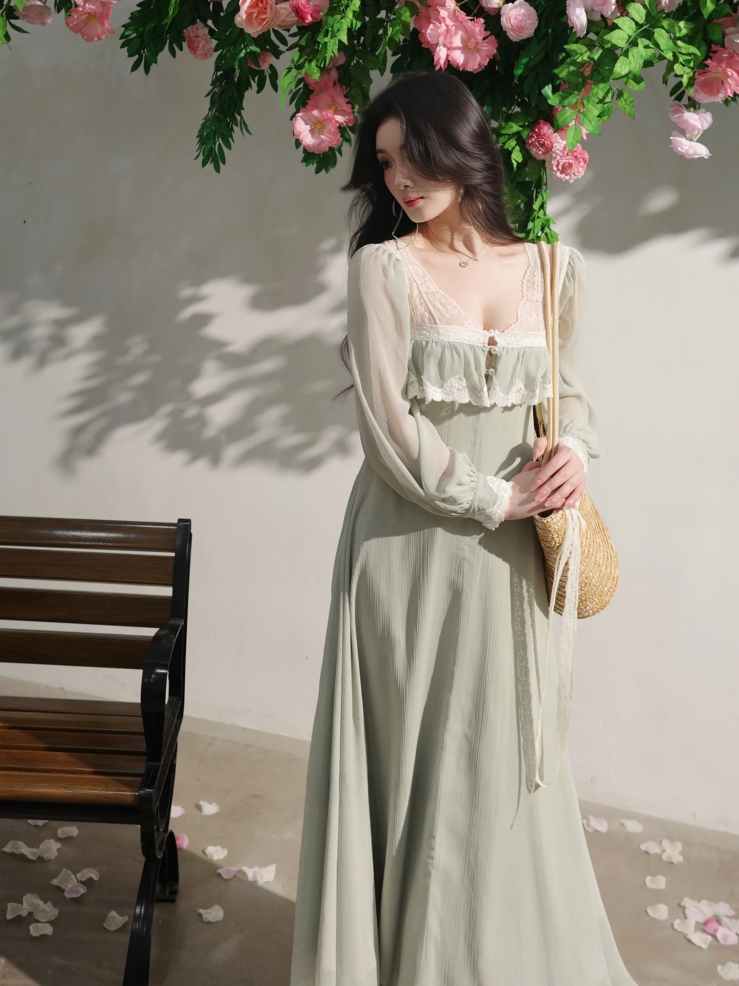 

Long Sve Lace Splice Dr Travel Outfit Owner Li Buwan Chiang Mai ling French Sle H Version Polyester 00% Skirt